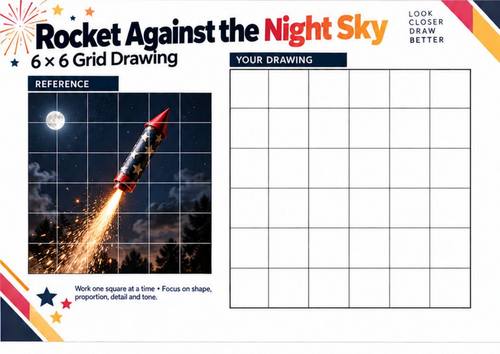Firework Rocket Against the Night Sky Grid Drawing Worksheet | Bonfire Night Art | KS3 & KS4