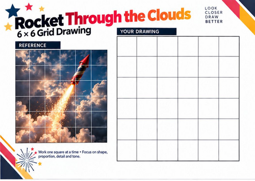 Firework Rocket Through the Clouds Grid Drawing Worksheet | Bonfire Night Art | KS3 & KS4