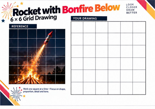 Firework Rocket with Bonfire Below Grid Drawing Worksheet | Bonfire Night Art | KS3 & KS4