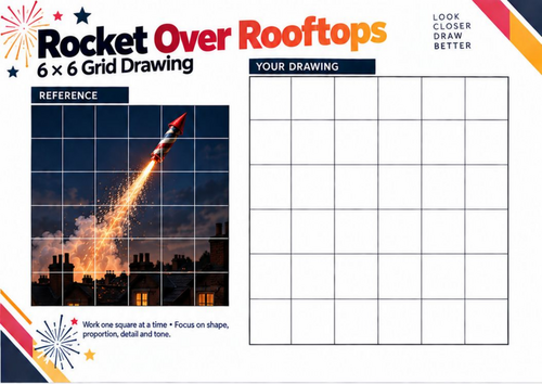 Firework Rocket Over Rooftops Grid Drawing Worksheet | Bonfire Night Art | KS3 & KS4