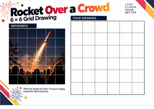 Firework Rocket Over a Crowd Grid Drawing Worksheet | Bonfire Night Art | KS3 & KS4