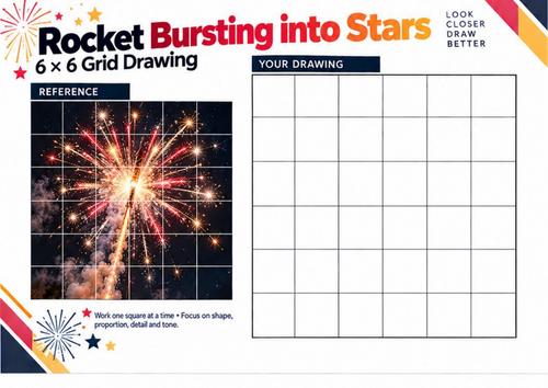 Firework Rocket Bursting into Stars Grid Drawing Worksheet | Bonfire Night Art | KS3 & KS4