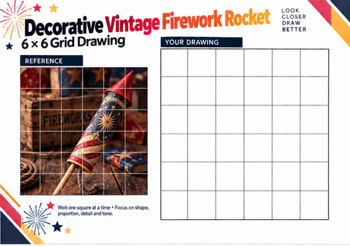 Decorative Vintage Firework Rocket Grid Drawing Worksheet | Bonfire Night Art | KS3 & KS4