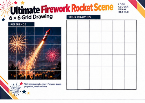 Ultimate Firework Rocket Scene Grid Drawing Worksheet | Bonfire Night Art | KS3 & KS4