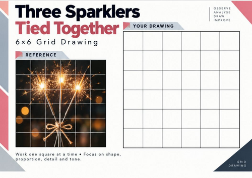 Three Sparklers Tied Together Grid Drawing Worksheet | Bonfire Night Art | KS3 KS4