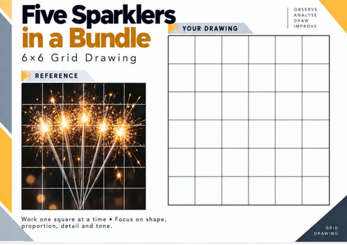 Five Sparklers in a Bundle Grid Drawing Worksheet | Bonfire Night Art | KS3 KS4