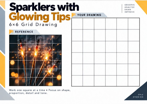 Sparklers with Glowing Tips Grid Drawing Worksheet | Bonfire Night Art | KS3 KS4