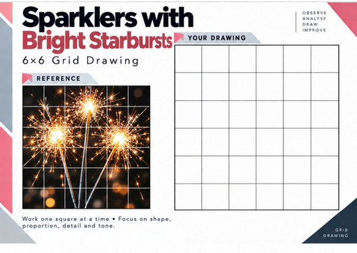 Sparklers with Bright Starbursts Grid Drawing Worksheet | Bonfire Night Art | KS3 KS4