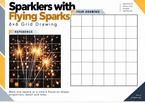 Sparklers with Flying Sparks Grid Drawing Worksheet | Bonfire Night Art | KS3 KS4