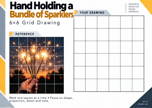 Hand Holding a Bundle of Sparklers Grid Drawing Worksheet | Bonfire Night Art | KS3 KS4