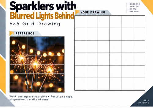 Sparklers with Blurred Lights Grid Drawing Worksheet | Bonfire Night Art | KS3 KS4