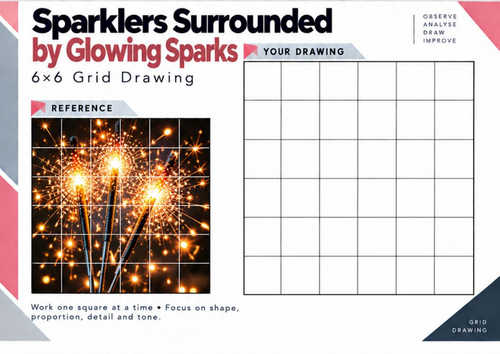 Sparklers Surrounded by Glowing Sparks Grid Drawing Worksheet | Bonfire Night Art | KS3 KS4