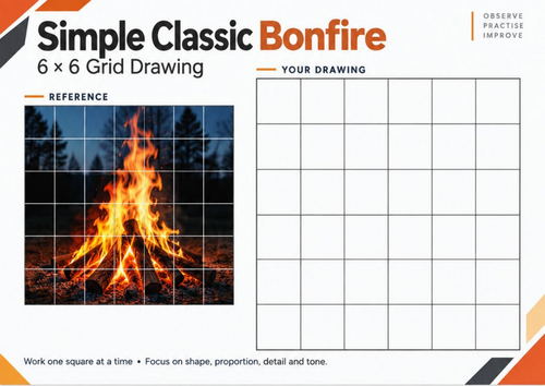 Simple Classic Bonfire Grid Drawing Worksheet | Bonfire Night Art | KS3 & KS4
