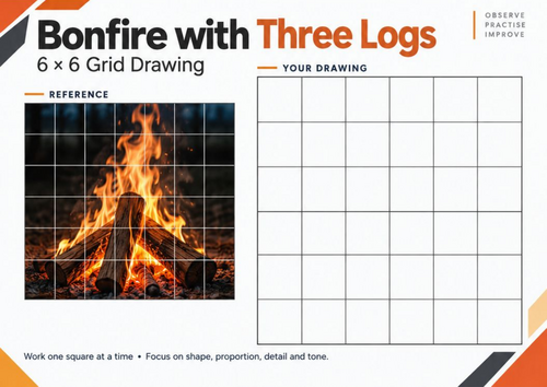 Bonfire with Three Logs Grid Drawing Worksheet | Bonfire Night Art | KS3 & KS4