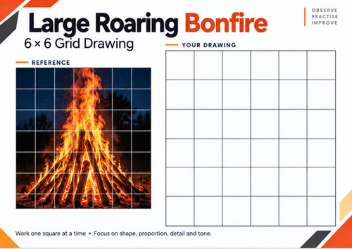 Large Roaring Bonfire Grid Drawing Worksheet | Fire Drawing Activity | KS3 & KS4