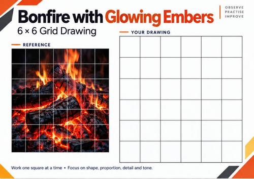 Bonfire with Glowing Embers Grid Drawing Worksheet | Tonal Art Activity | KS3 & KS4