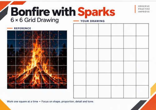Bonfire with Sparks Grid Drawing Worksheet | Bonfire Night Drawing | KS3 & KS4