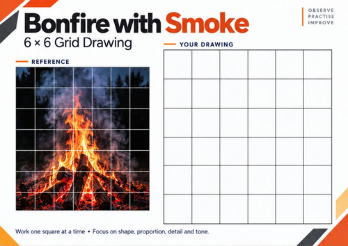Bonfire with Smoke Grid Drawing Worksheet | Observational Art | KS3 & KS4