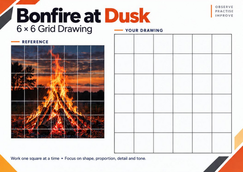 Bonfire at Dusk Grid Drawing Worksheet | Sunset Art Activity | KS3 & KS4