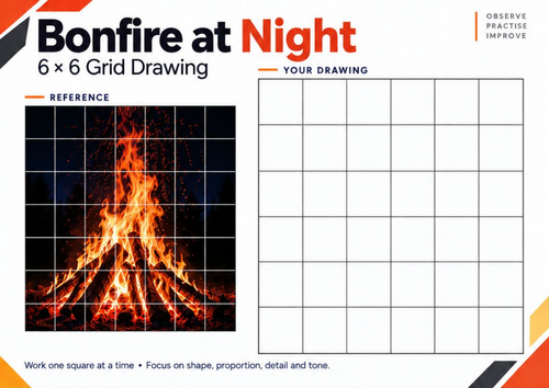 Bonfire at Night Grid Drawing Worksheet | Light and Dark Art | KS3 & KS4