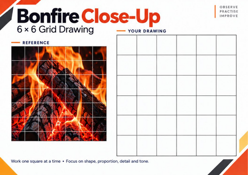 Bonfire Close-Up Grid Drawing Worksheet | Fire Texture Drawing | KS3 & KS4