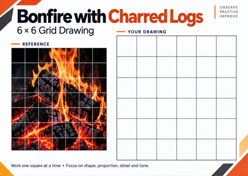 Bonfire with Charred Logs Grid Drawing Worksheet | Texture Art | KS3 & KS4