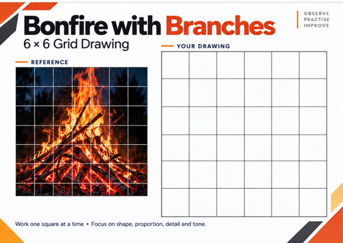 Bonfire with Branches Grid Drawing Worksheet | Nature Art Activity | KS3 & KS4