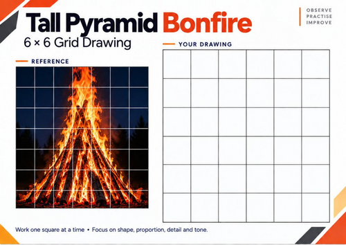 Tall Pyramid Bonfire Grid Drawing Worksheet | Shape and Form Art | KS3 & KS4