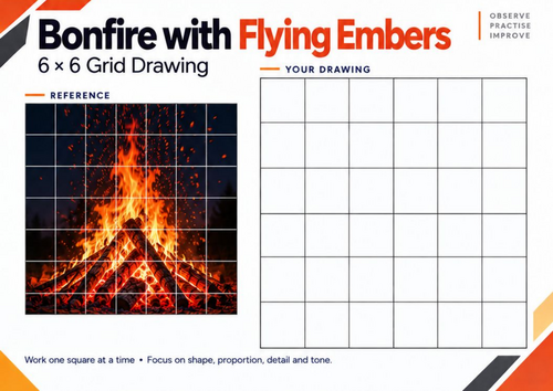 Bonfire with Flying Embers Grid Drawing Worksheet | Bonfire Night Art | KS3 & KS4