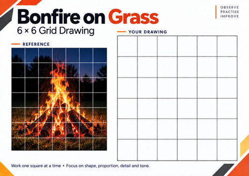 Bonfire on Grass Grid Drawing Worksheet | Outdoor Fire Art | KS3 & KS4