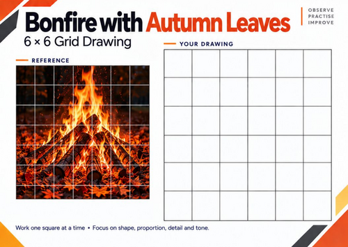 Bonfire with Autumn Leaves Grid Drawing Worksheet | Autumn Art | KS3 & KS4