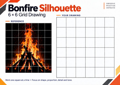 Bonfire Silhouette Grid Drawing Worksheet | Contrast Art Activity | KS3 & KS4