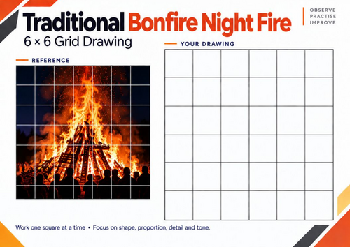 Traditional Bonfire Night Fire Grid Drawing Worksheet | KS3 & KS4 Art