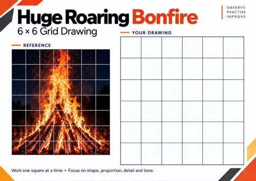Huge Roaring Bonfire Grid Drawing Worksheet | Fire Drawing Activity | KS3 & KS4