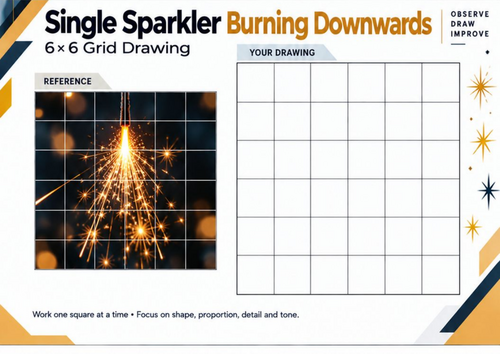 Single Sparkler Burning Downwards – Grid Drawing Worksheet | KS3 KS4 Art