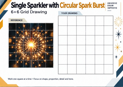 Single Sparkler with Circular Spark Burst – Grid Drawing Worksheet | KS3 KS4 Art