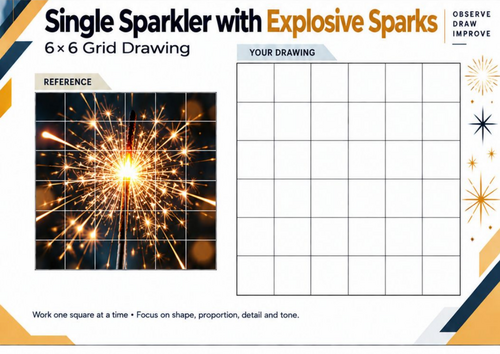 Single Sparkler with Explosive Sparks – Grid Drawing Worksheet | Bonfire Night Art
