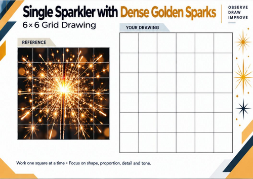 Single Sparkler with Dense Golden Sparks – Grid Drawing Worksheet | KS3 KS4 Art