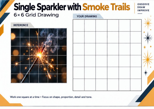 Single Sparkler with Smoke Trails – Grid Drawing Worksheet | Bonfire Night Art