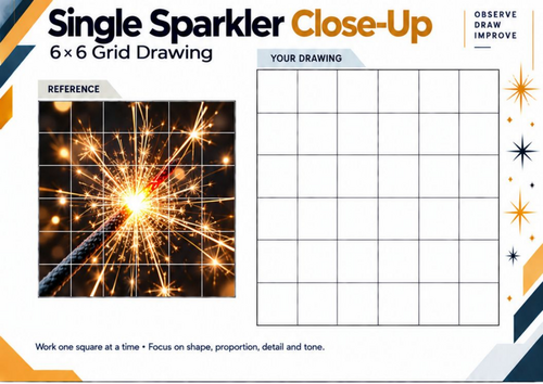 Single Sparkler Close-Up – Grid Drawing Worksheet | Bonfire Night KS3 KS4 Art