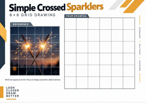 Simple Crossed Sparklers Grid Drawing Worksheet | Bonfire Night Art | KS3 & KS4