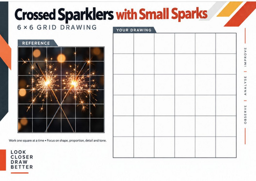 Crossed Sparklers with Small Sparks Grid Drawing Worksheet | Bonfire Night Art