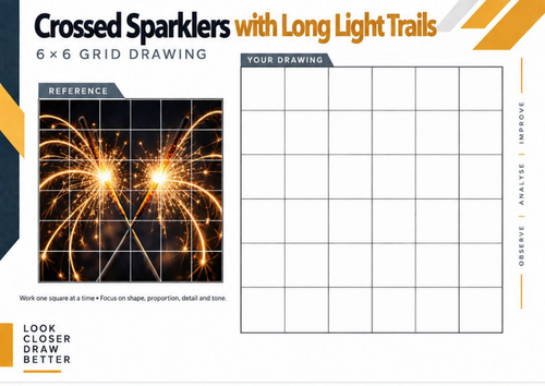 Crossed Sparklers with Long Light Trails Grid Drawing Worksheet | Bonfire Night