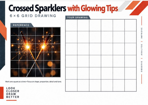 Crossed Sparklers with Glowing Tips Grid Drawing Worksheet | KS3 & KS4 Art
