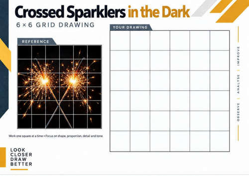 Crossed Sparklers in the Dark Grid Drawing Worksheet | Bonfire Night Art