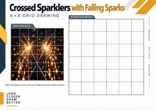 Crossed Sparklers with Falling Sparks Grid Drawing Worksheet | Bonfire Night
