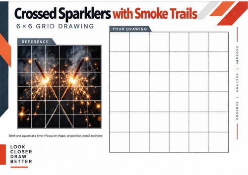 Crossed Sparklers with Smoke Trails Grid Drawing Worksheet | KS3 & KS4 Art