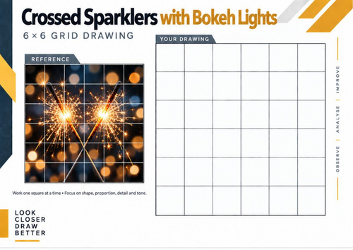 Crossed Sparklers with Bokeh Lights Grid Drawing Worksheet | Bonfire Night Art