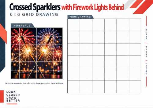 Crossed Sparklers with Firework Lights Behind Grid Drawing Worksheet | Bonfire Night