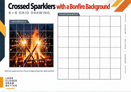 Crossed Sparklers with a Bonfire Background Grid Drawing Worksheet | Bonfire Night Art
